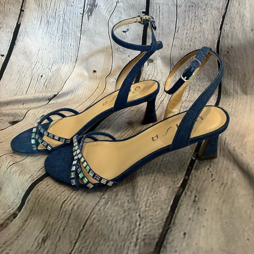 Unisa Women’s Blue Denim‎ Strappy Rhinestone Embellished Block Heel Sandals GUC